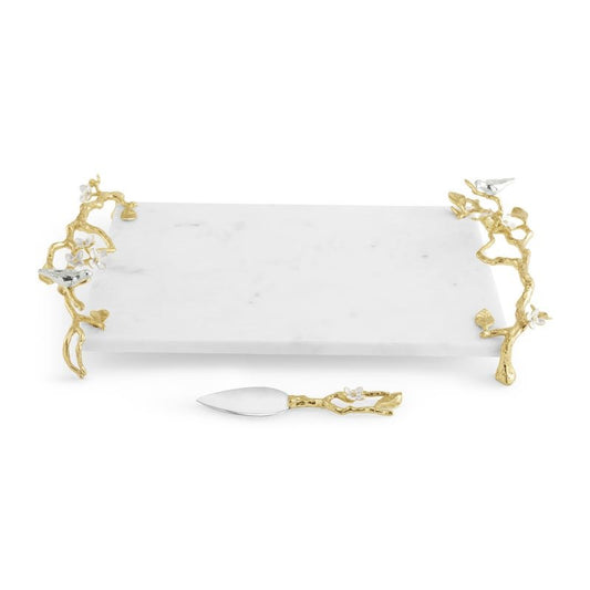 Lovebirds Silver & Gold Chesse board w Knife