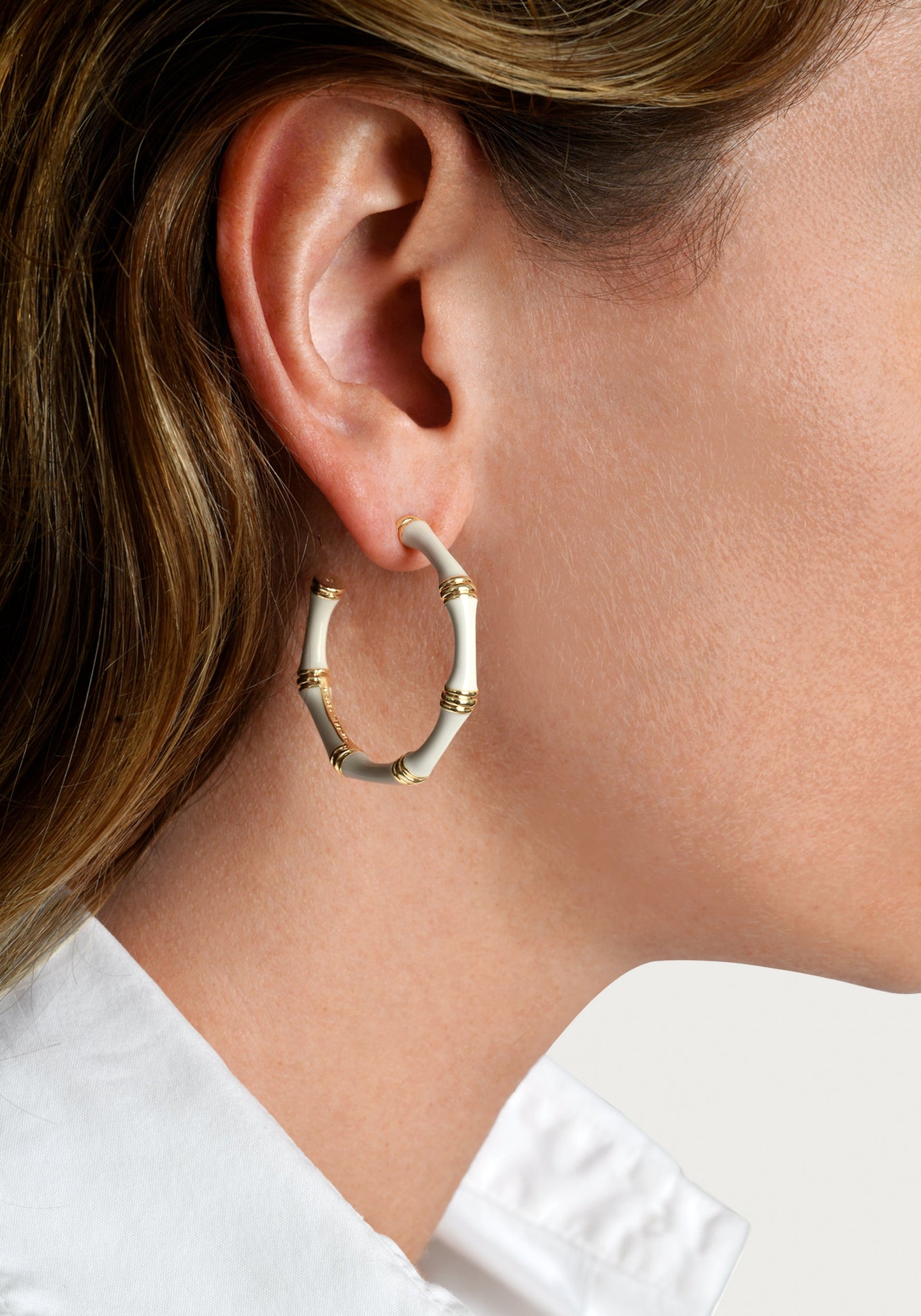 Bamboo Enameled Hoop Earrings - Creme