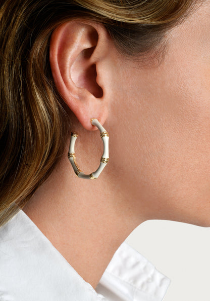 Bamboo Enameled Hoop Earrings - Creme