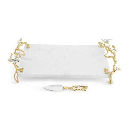 Lovebirds Silver & Gold Chesse board w Knife